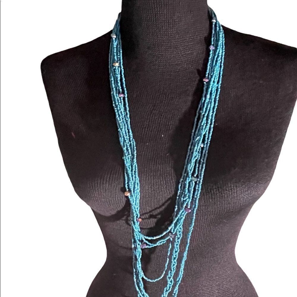 Multiple strand mini teal bead necklace